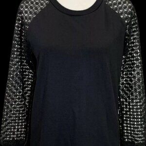 Maette by Stella & Dot Black Knit Top with Crochet Lace Sleeves - Medium